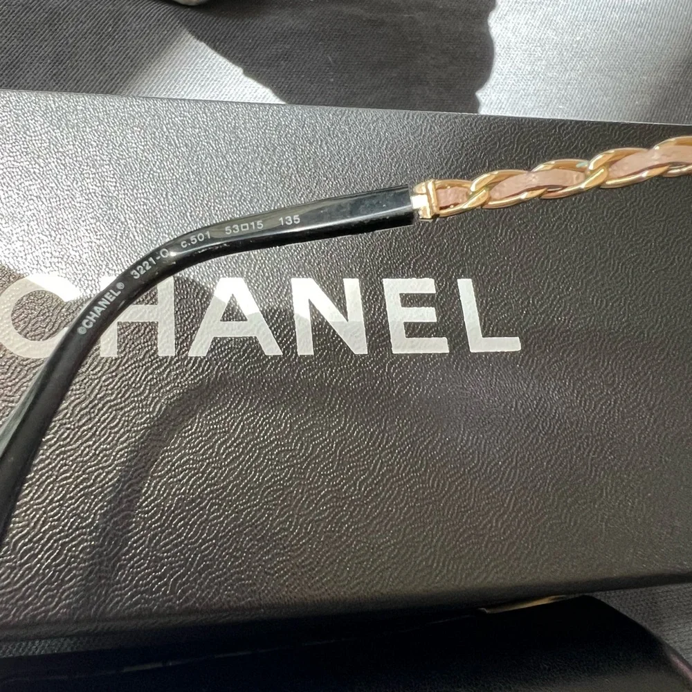 CHANEL 3221-Q Beige Leather Glasses Frames Chain Link EUC Italy Emma Watson